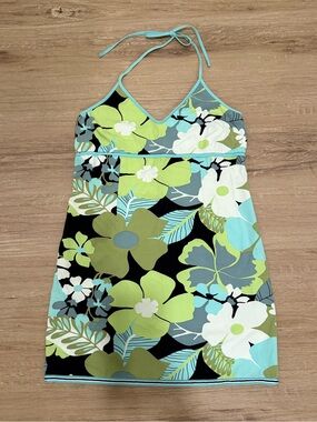 VTG Y2K Old Navy Green Blue Tropical Summer Floral Halter Mini Dress Sz 10 S/M